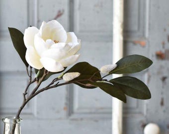 Sweetbay Magnolia Spray 23" | White Faux Flowers | Elegant Home Decor | Artificial Magnolia Stem | Wedding Bouquet Filler | Farmhouse Floral