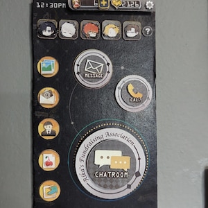 May include: A black and white mobile phone screen with a variety of icons, including a message icon, a call icon, a chatroom icon, and a gallery icon. The phone screen also displays the time 12:30 PM and the text "Rika's Fundraising Association".