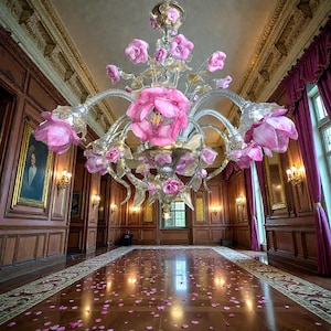 May include: An elaborate chandelier with pink glass flower shades is suspended in a stately room. The room has wood paneling, a patterned rug, and pink curtains. Rose petals are scattered across the polished wooden floor.