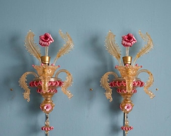 pair of precious Rezzonico-style wall lamps, coral pink and pure gold