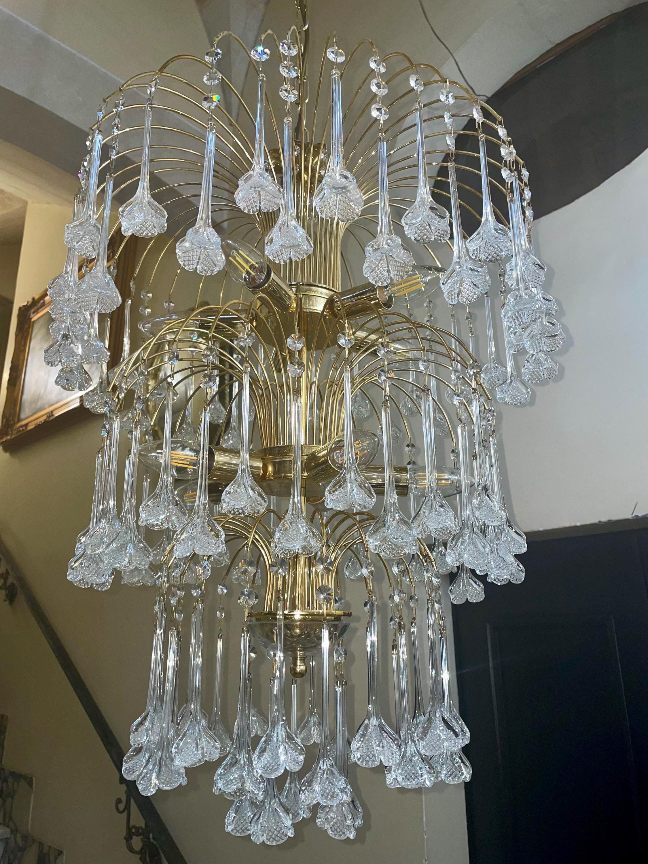 Grand Lustre Cascade Murano Fleurs – Attribué à Venini – Vintage Italie