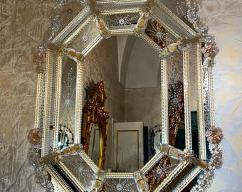 Impressive Mirror Venetian IN Murano Glass Gold, White & Pale Pink