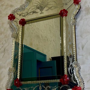 Large Venetian Mirror in Murano Glass Gold, White and Ruby Red