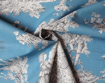Toile de Jouy Fabric 10 Meter Blue Color Extra Wide 280cm Cotton Canvas for French Country Style Decor and Cottagecore Home Decor Upholstery