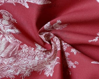 Red Cotton Toile de Jouy Fabric Extra Wide 280cm French Country Material for Light Upholstery with Vintage Pastoral Print