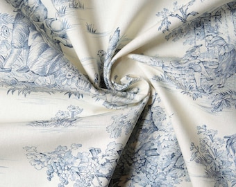 10 Meters Toile de Jouy Upholstery Fabric Blue and Ivory Canvas French Cotton Print Fabric for Curtains Cushions and Duvet Covers 280cm Wide