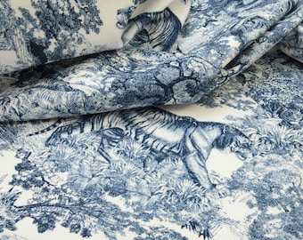 Toile de Jouy Fabric Jungle Theme Blue and White Cotton Fabric by 0,50 Meter with Tigers and Trees for French Country Style Upholstery Decor