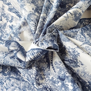 Blue and White Toile de Jouy Fabric with Jungle Animal Design  French Style Upholstery Material Tiger Print for Curtains Cushions and Crafts