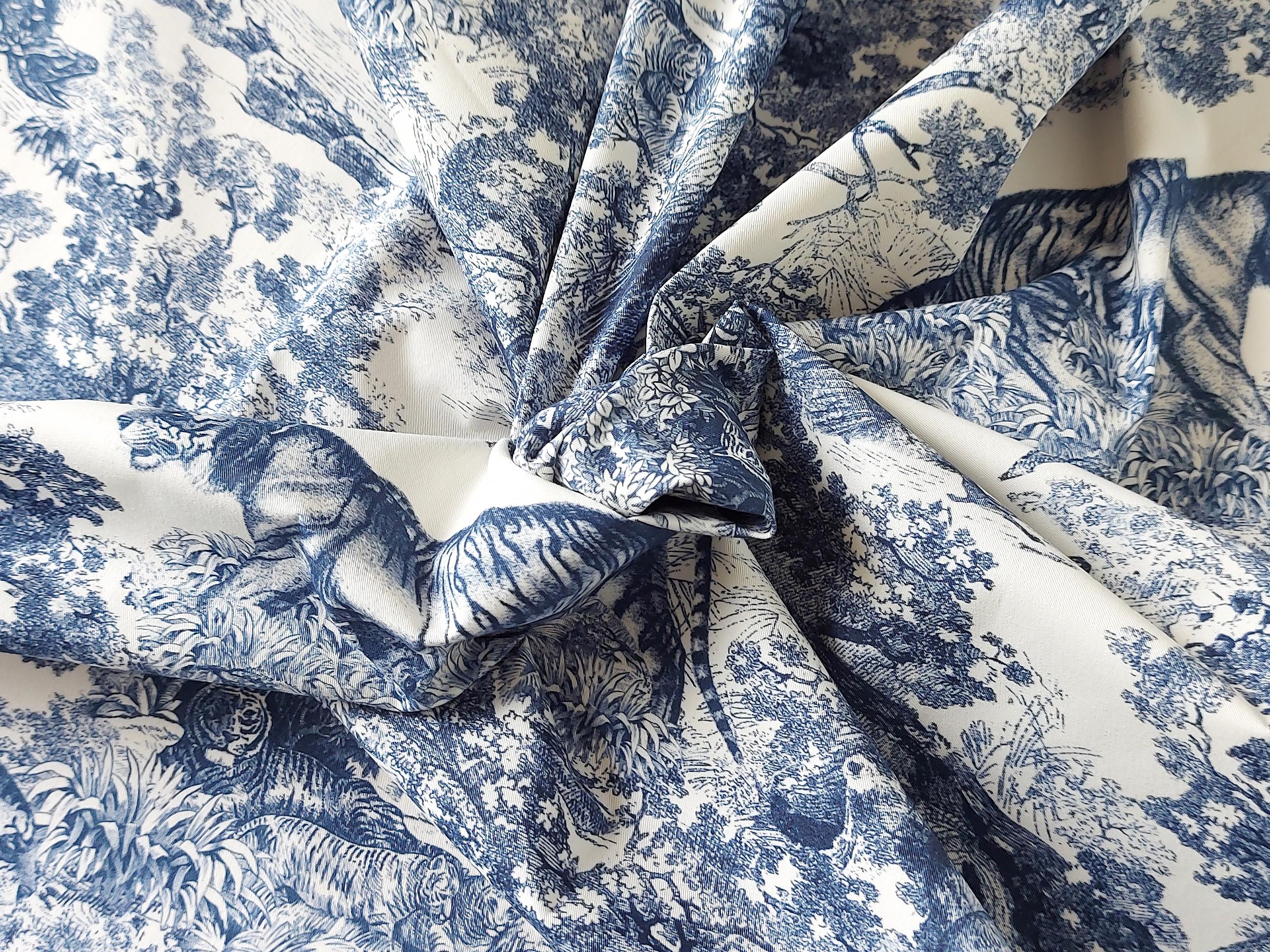 Blue and White Toile de Jouy Fabric with Jungle Animal Design  French Style Upholstery Material Tiger Print for Curtains Cushions and Crafts