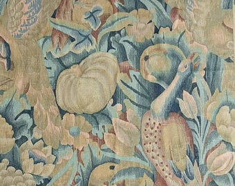 Stoff Panel mit Pfau und Natur Blumen Print von Bernard Nevill Seltener Vintage 80er Jahre Textilsammler Dekorativer Polsterstoff