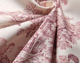 Tela extra ancha Toile de Jouy roja y marfil, estampado de algodón para tapicería, ideal para cortinas, cojines y fundas nórdicas. 280 cm de ancho, 10 metros.
