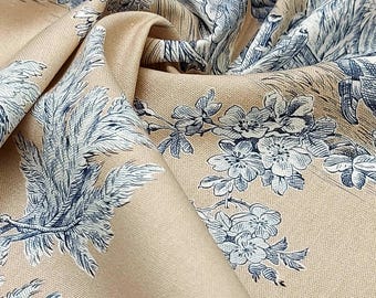 Toile de Jouy Beige and Blue 280 cm Cotton Light Upholstery Fabric by 0.5 Meter