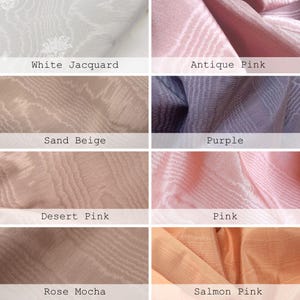 moire cotton vintage fabric in different pastel colors, antique pink old rose moire fabric, apricot or salmon pink moire fabric, purple lilac moire fabric, pastel pink moire fabric, beige mocha moire fabric, white jacquard moire fabric.