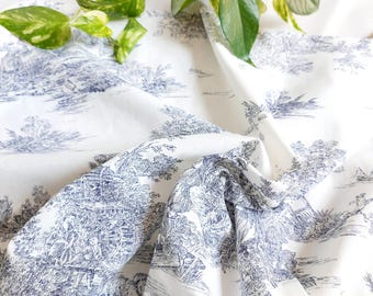 Toile de Jouy Cotton Printed Fabric Blue for Upholstery Home Decor Fabric Country French Pastoral Print Fabric for Curtains and Headboards