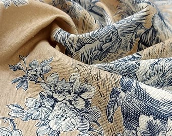 Toile de Jouy Beige and Blue 280 cm Cotton Upholstery Fabric by 0.5 Meter