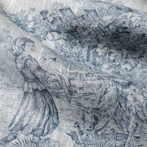 Linen Toile de Jouy Fabric for Upholstery Printed 100% Linen Fabric Blue and Beige Toile Linen Fabric for Tablecloth and Curtains 10 Meters