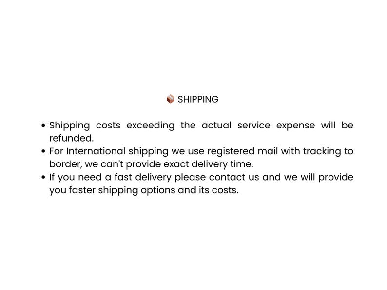 May include: Shipping information for international orders. Shipping costs exceeding the actual service expense will be refunded. For international shipping, registered mail with tracking to the border is used. Exact delivery time cannot be provided. Contact the seller for faster shipping options and costs.