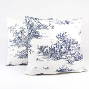 Toile de Jouy Pillow Cases Blue and White Cotton Toile de Jouy Decor Pillow Covers for Living Room Sofa Cushion Covers Gift for Housewarming