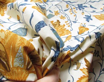 Vintage French Floral Upholstery Fabric Blue & Ochre Cotton Print Fabric Remnant for Home Decor
