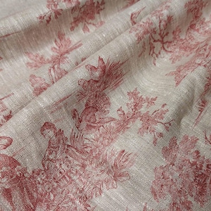 Toile de Jouy Linen Fabric for Upholstery 100% Linen Fabric Red Print on Beige Toile Linen Fabric for Curtains Pillow Cover Tablecloth 10 MT