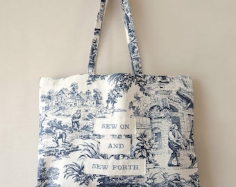 Custom Tote Bag Gift for Sewing Lover Toile de Jouy Tote Bag Personalized with Sewing Quote Embroidery Blue & White French Cotton Canvas Bag