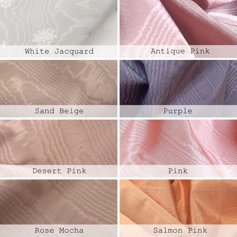 classic solid plain moire fabric color variants, old rose, purple, pink, salmon pink, beige, mocha, powder pink