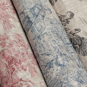 Pure Linen Upholstery Fabric 10 Meters Blue, Red or Black on Beige Toile Linen Fabric for Cottagecore Home Decor Linen Toile de Jouy Fabric
