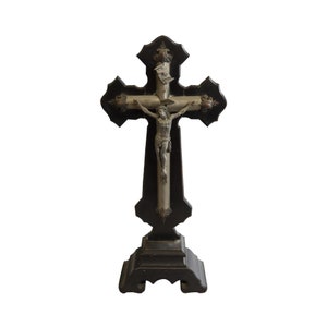 Antique Crucifix Cross Religious Black Metal Wood