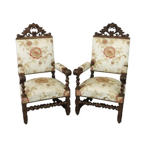 Thrones Pair Renaissance 1880 French Arm Chairs  Carved Oak  Floral Upholstery Free Shipping