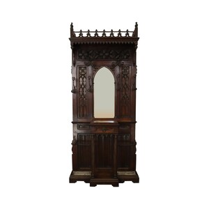 Hall Tree Antique French Gothic Carved Walnut Marble Arch Mirror Iron Coat Rack