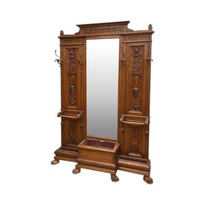 Antique Hall Tree Stand Renaissance Mirror Brass Walnut