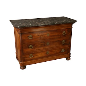 1800 Antique Chest of Drawers Directoire Style Walnut, 3Drawer, Marble Top