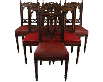 Antique Dining Chairs French Gothic Set 6 Walnut Wood Red Upholstery