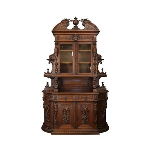 Antique Buffet Renaissance French Elegant Carved Oak Urns Grapes Glass Doors