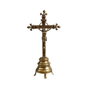 Crucifix Jesus Christ Religious Standing Cross Fleur de Lis Brass Metal Antique
