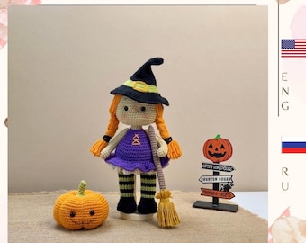 Halloween Crochet Witch Amigurumi Pattern: PDF Tutorial with Pumpkin (Digital Download)