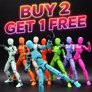 May include: A group of seven articulated action figures in various solid colors including light blue, orange, white, red, green, purple, and pink, posed dynamically. The text BUY 2 GET 1 FREE is displayed in glowing neon letters above the figures.