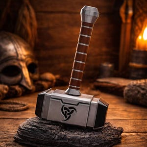 May include: A silver and black hammer with a brown handle, resting on a dark stone. The hammer features a stylized symbol on its head. The background includes a wooden surface, a helmet, and a lit candle, creating a rustic, fantasy theme.