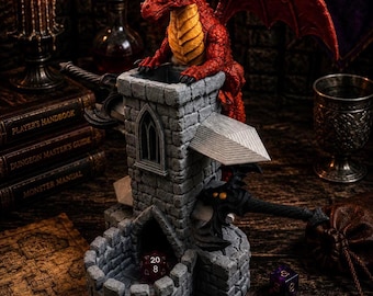 Grande torre per dadi a forma di castello di drago, rullo per dadi per giochi di ruolo fantasy, accessorio per D&D stampato in 3D, decorazione per giochi medievali, regalo unico per Dungeon Master