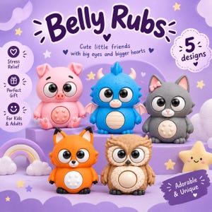 Könnte beinhalten: Fünf kleine Tierfiguren mit der Aufschrift Belly Rubs, darunter ein rosa Schwein, ein blauer Drache, eine graue Katze, ein orangefarbener Fuchs und eine braune Eule. Jede Figur hat große schwarze Augen und einen strukturierten Bauch.