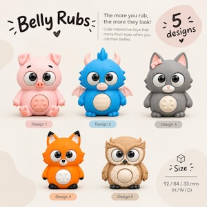 Könnte beinhalten: Fünf interaktive, tierförmige Spielzeuge namens Belly Rubs, darunter ein rosa Schwein, ein blauer Drache, eine graue Katze, ein orangefarbener Fuchs und eine braune Eule. Jede Figur hat große Augen und einen Bauchknopf. Text: 5 Designs, 92/84/33 mm H/B/T.