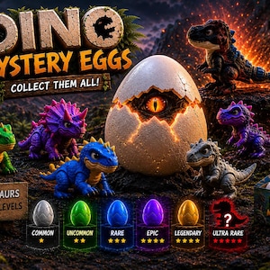 Op de afbeelding: Promotieafbeelding voor "Dino Mystery Eggs" met kleurrijke dinosaurusfiguren, een groot gebarsten ei en een eierdoos. Tekst bevat "Collect Them All!" en zeldzaamheidsniveaus.