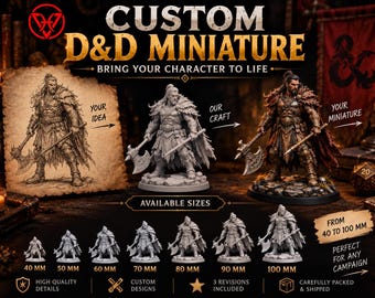 May include: A custom D&D miniature service display featuring a sketch, an unpainted grey figure, and a painted warrior figure holding an axe. The image includes text labels: CUSTOM D&D MINIATURE, AVAILABLE SIZES FROM 40 TO 100 MM, and various icons.
