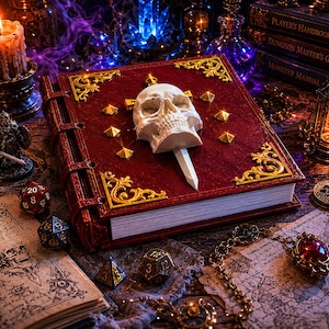 May include: A deep red hardcover book featuring a central white skull ornament pierced by a white dagger, accented with gold corner filigree and small gold pyramid studs. The book is surrounded by polyhedral dice, a map, and a chain pendant.