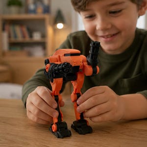 May include: An orange and black toy robot with two black gun attachments. The robot has a boxy head and legs, and is being held by a person. The robot is on a wooden table.