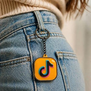 May include: A yellow and black TikTok logo keychain with a black chain attached to a silver ring. The keychain is hanging from a pair of blue jeans.