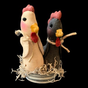 Unique Primitive Farmhouse Chickens on a Nest Shelf Sitters  - set of 2 - Farm yard collection