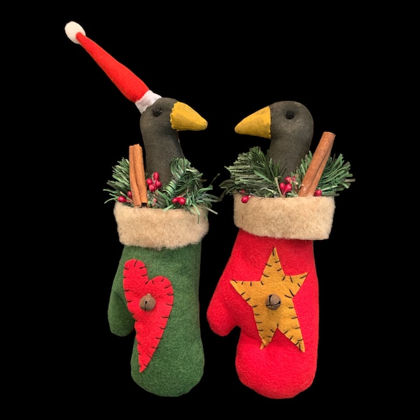 Unique Primitive Farmhouse Style Black Christmas Crows in Winter Mittens Ornaments Set of 2