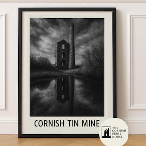 Cornish Tin Mine Kunstdruck - Industrielles Erbe Wandkunst, Reise Poster Illustration A2 A3 A4 A5 | Schwarz-Weiße Grubenlandschaft |