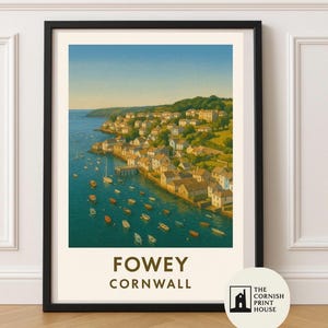 Fowey Kunstdruck – Cornwall Küstenwand Kunst, Reise Poster Illustration A2 A3 A4 A5 | Meer Hafen Landschaft Dekor | Kornisches Geschenk